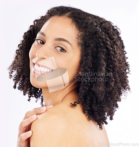 Image of Beauty, skincare and portrait of black woman on a white background for wellness, health and facial. Dermatology, studio and isolated happy female person smile for cosmetics, makeup and natural face