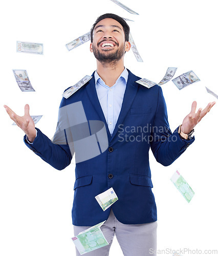 Image of Happy businessman, money rain and financial freedom from investment or savings against a white studio background. Excited asian man in celebration for winning, lottery or cash prize in happiness