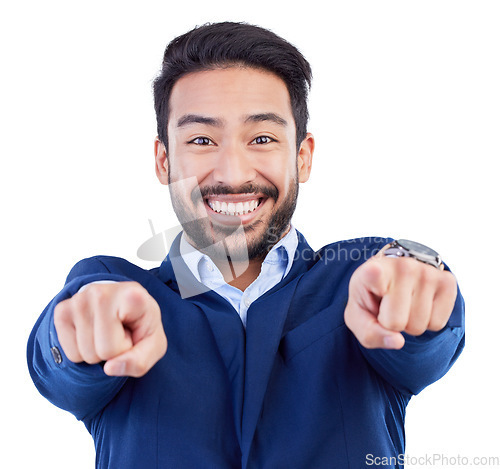 Image of Happy asian man, portrait and pointing to you for job opportunity, sale or discount against a white studio background. Businessman smile for choice, decision or selection in career growth or goals