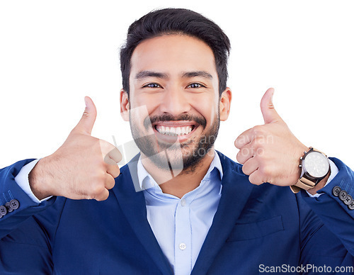 Image of Happy asian man, portrait and thumbs up for winning, approval or success against a white studio background. Face of businessman smile with like emoji, yes sign or OK in agreement, good job or perfect