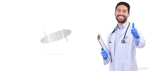 Image of Happy, doctor and portrait with thumbs up for checklist, support and agreement or to show sign for yes with hand on white background in studio. Thank you, like and ok healthcare mockup with surgeon