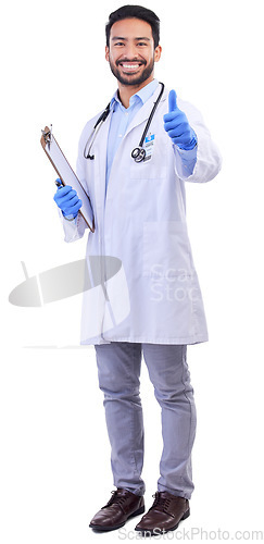 Image of Indian doctor, thumbs up and happy portrait of support, agreement or to show sign for yes with hand on white background in studio. Thank you, like and ok healthcare and professional medical service