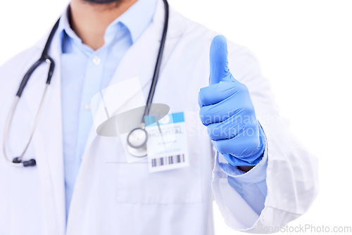 Image of Man, doctor and thumbs up for healthcare winning, good job or approval against a white studio background. Closeup of male person or medical professional show like emoji, yes sign or okay in agreement