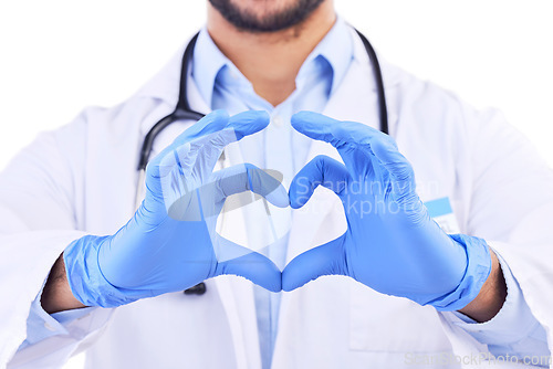 Image of Man, doctor and heart hands for healthcare, love or care in cardiology against a white studio background. Closeup of male person or medical professional with loving emoji, symbol or sign and shape