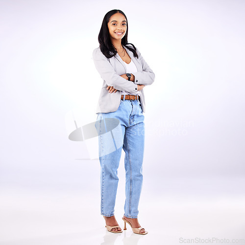 Image of Business, casual and portrait of woman with arms crossed, confidence and employee with pride on white background in studio. Happy, face and fashion for businesswoman with smile or working in admin