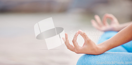 Image of Woman, hands and yoga on mockup for meditation, spiritual wellness or outdoor zen workout in fitness. Closeup of calm female person in relax on beach for mindfulness, awareness or inner peace