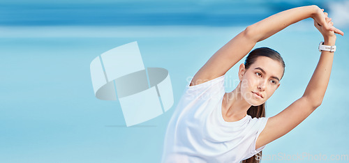 Image of Woman, beach and stretching body on mockup space in fitness, motivation or outdoor workout. Female person or runner in warm up on ocean coast, banner or sports for healthy wellness and exercise
