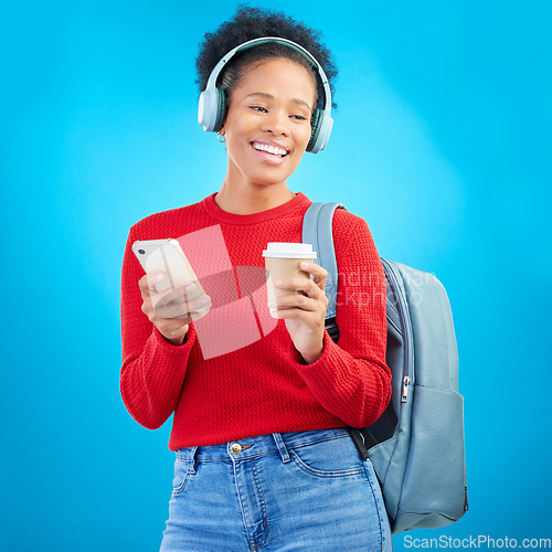 Image of Phone music, student or happy woman listening to education podcast, streaming radio or audio sound. Headphones song, cellphone or gen z person on coffee break from college learning on blue background