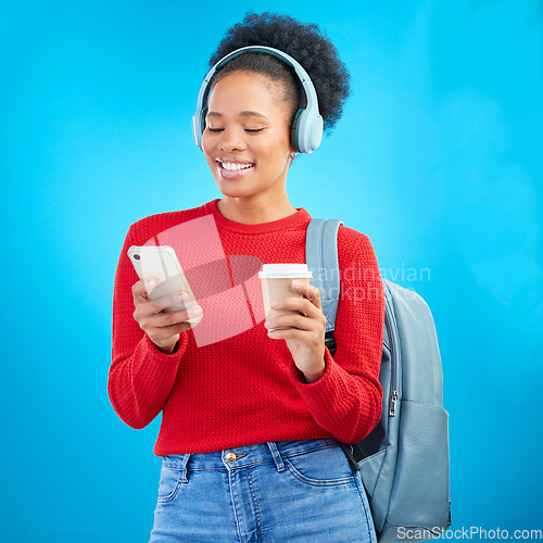 Image of Phone music, student or happy woman reading education article, online university post and listening to radio podcast. Audio headphones, cellphone or college person on coffee break on blue background