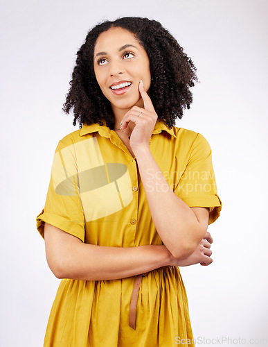 Image of Thinking, planning and woman with an idea or decision on a choice mindset isolated in a studio pink background. Memory, wondering and young female person with fashion inspiration or solution