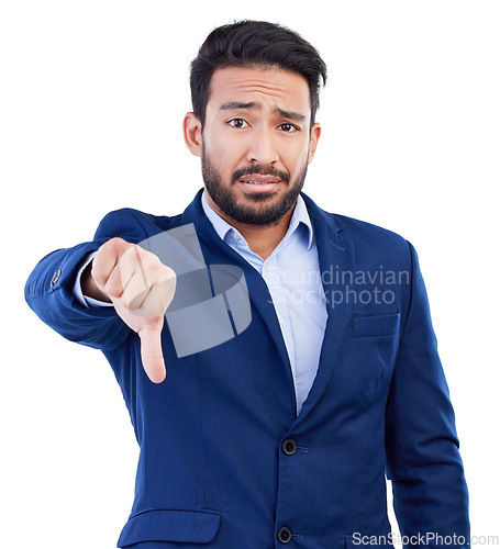 Image of Thumbs down, fail and portrait of business man in studio reject bad news, emoji sign and white background. Face of asian male employee show negative opinion, wrong decision or sad feedback with hands