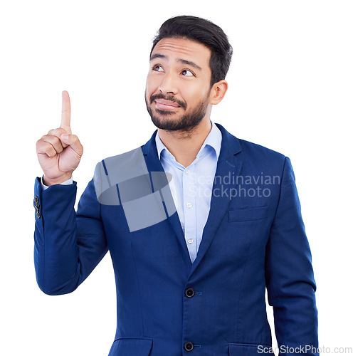 Image of Business, asian man and pointing up in studio while thinking of ideas, advertising promotion and information on white background. Corporate worker show presentation of announcement, offer and insight