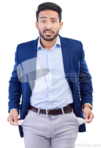 Image of Business man, portrait and empty pocket in studio of stock market crash, bankruptcy or financial loss in economy. Poor, broke or asian worker show no money in pants, debt or worry on white background