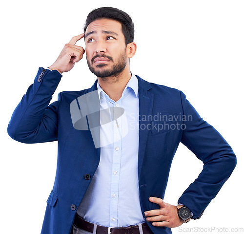 Image of Business, thinking and confused asian man in studio, white background or doubt of stress, questions and fear of future ideas. Corporate worker worried with brain fog, remember solution and forget why
