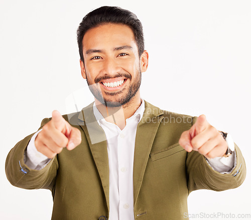 Image of Portrait, asian man and pointing to you in studio, white background and hands for choice of business decision, winner or opportunity. Happy HR manager, finger emoji and vote of hiring for recruitment