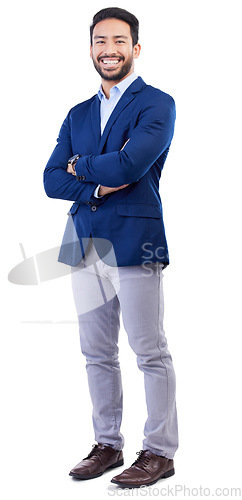 Image of Business, happy portrait and asian man in studio with arms crossed of financial advisor, professional broker and trading in suit. Confident investment planner in corporate fashion on white background