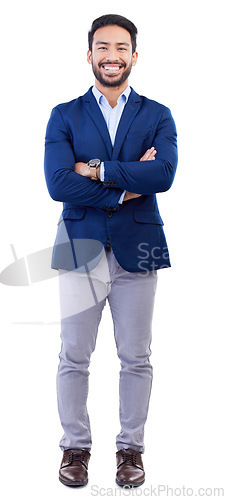 Image of Business, portrait and asian man in studio with arms crossed of financial advisor, professional style and trading in suit on white background. Worker, confident trader and smile in corporate fashion