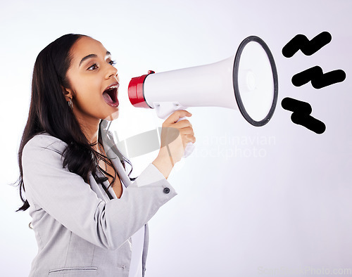 Image of Business woman, megaphone or announcement in studio, white background and freedom of speech, loud noise and breaking news. Female worker shouting with voice, attention and audio speaker to broadcast