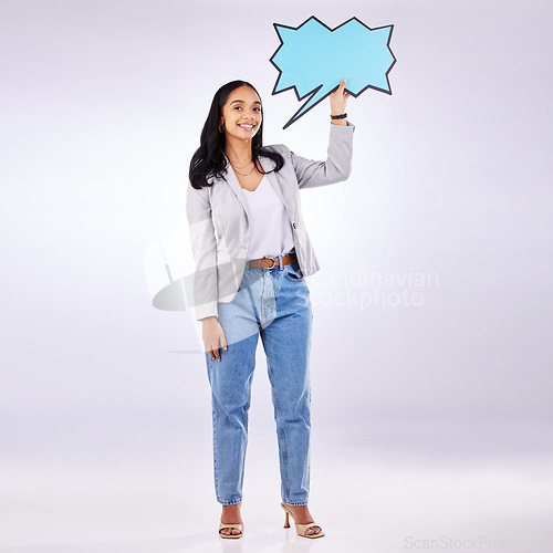 Image of Speech bubble, portrait and woman in studio, white background and mockup space of voice, opinion and ideas. Happy female model, poster and feedback for social media news, review and chat sign board