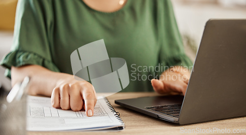 Image of Home budget, hands and finance check at laptop for bills and schedule planning at home. Computer, information and notebook with a person reading student loan and tax research for money management