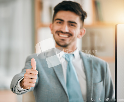 Image of Portrait of businessman, thumbs up and smile in office with good service, opportunity and job deal for startup entrepreneur. Agreement, business and yes, face of happy man in professional workplace.