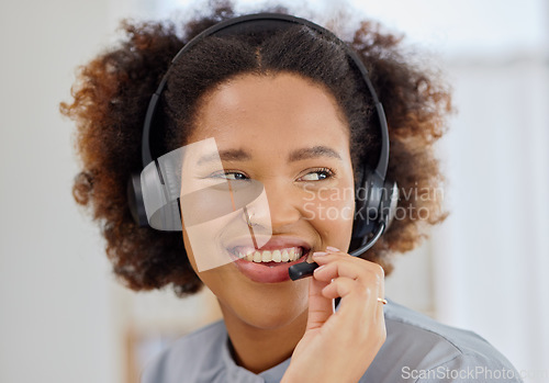 Image of Call center, smile and face of woman with advice in office, sales and telemarketing in headset. Crm consulting, networking and happy virtual assistant, customer service help desk agent or advisor.