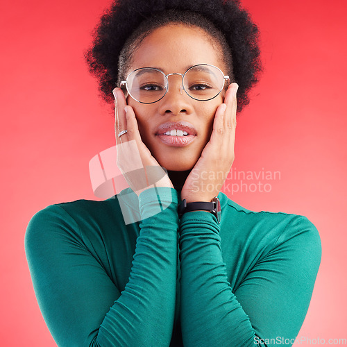 Image of Woman, portrait and studio with glasses and vision with eye care and health. Face, African female person and model with eyewear, new frame and fashion with modern style and confidence of girl