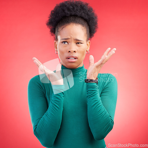 Image of Confused, thinking and black woman in studio with questions, wtf and pensive gesture on red background. Doubt, why and face of African female asking, unsure and puzzled by choice, decision or problem