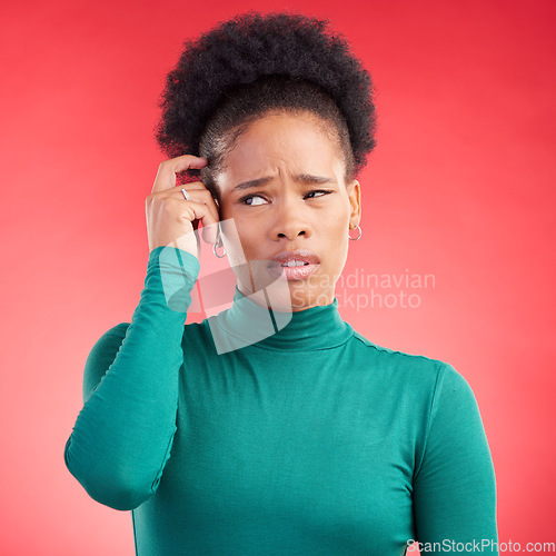 Image of Confused, thinking and black woman scratching head in studio with choice or decision on red background. Question, why and African lady person with doubt, emoji or idea, solution or problem solving