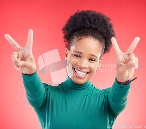 Image of Happy, portrait and black woman with peace hands in studio with thank you, vote or feedback on red background. V, sign and African lady with good vibes, smile and freedom emoji, support or self love