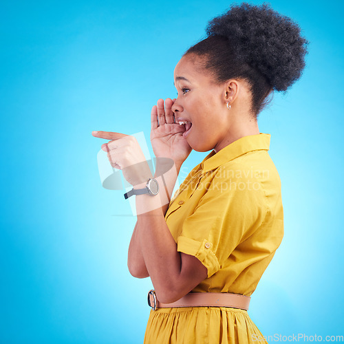 Image of Secret, whisper and black woman hand pointing in studio for with news or info on blue background. Confidential, announcement and lady with had emoji for promo, deal or coming soon gossip or drama