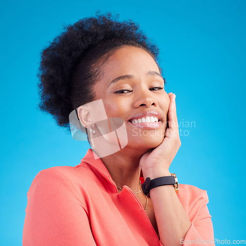 Image of Happy, smile and business with portrait of black woman in studio for professional, creative and pride. Entrepreneur, career and happiness with female employee on blue background for confidence