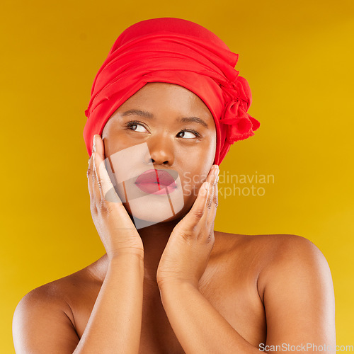 Image of Face makeup, red lipstick and black woman with natural skincare shine, real aesthetic beauty or anti aging. Studio cosmetics, head scarf and African person touch smooth skin on yellow background