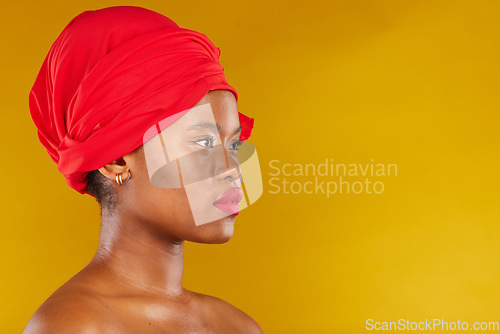 Image of Beauty, makeup and headscarf with profile of black woman in studio for facial, creative and pride. Skincare, salon and natural with female model on brown background for wellness, self care and glow