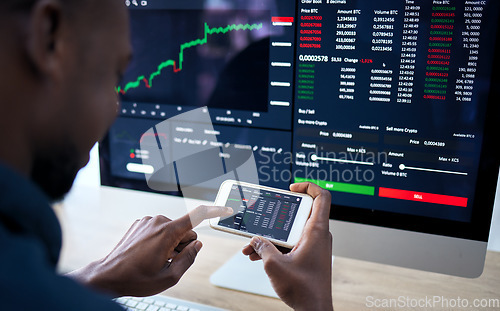 Image of Phone, computer and corporate man with stock market statistics, NFT insight or investment data of IPO fintech company. Crypto trading, economy and African male trader reading finance accounting info