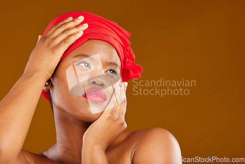 Image of Beauty, makeup and space with face of black woman in studio for mockup, creative and pride. Skincare, salon and natural with female model on brown background for wellness, self care and glow