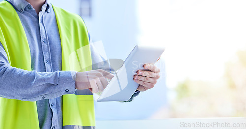 Image of Tablet, architecture and hands of man in city for planning, project management and building. Inspection, engineering and contractor with closeup of person on construction site for digital and mockup