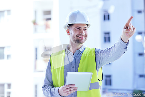Image of Tablet, architecture and smile with man in city for planning, project management and building. Inspection, engineering and contractor with person on construction site for digital and technology