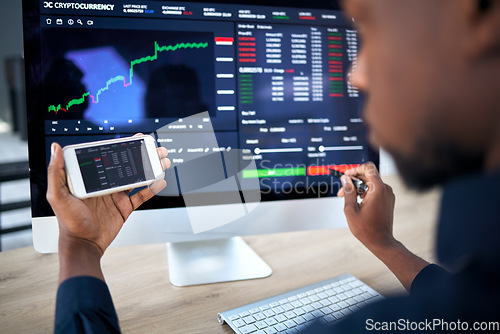 Image of Phone, computer and corporate man with stock exchange numbers, NFT insight or investment data of crypto growth. Administration, cellphone screen or African person reading finance chart, stats or info