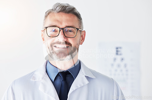 Image of Senior man, optometrist and portrait, vision and glasses with eye care clinic and healthcare with a smile. Male person, ophthalmology and health for eyes, eyesight assessment and prescription lens