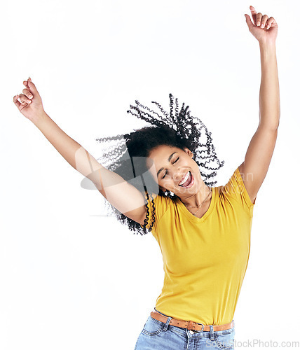 Image of Excited, dancing and a woman in studio with happy energy for motivation or celebration. Winner, fun and a young person isolated on a white background moving to relax or cheer for freedom or success