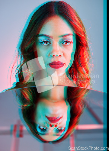Image of Art, mirror and beauty, portrait of woman on studio background with neon 3d light and makeup. Fashion, skin and future aesthetic, face of girl or model in creative reflection with cosmetics and color