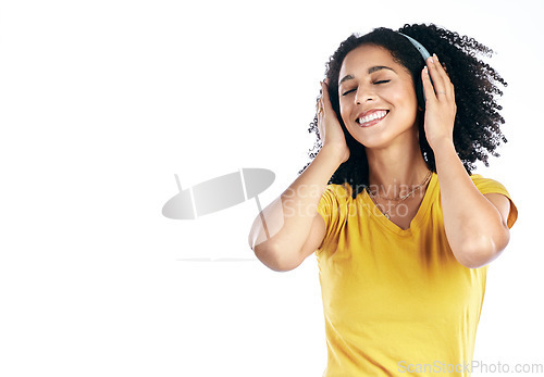 Image of Music, happy and a woman with headphones in studio streaming audio, sound or radio. Peace, calm and african female person isolated on a white background listening to song to relax with mockup space