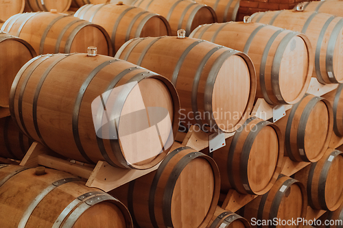 Image of Wine or cognac barrels in the cellar of the winery, Wooden wine barrels in perspective. Wine vaults.Vintage oak barrels of craft beer or brandy.