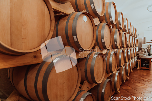 Image of Wine or cognac barrels in the cellar of the winery, Wooden wine barrels in perspective. Wine vaults.Vintage oak barrels of craft beer or brandy.