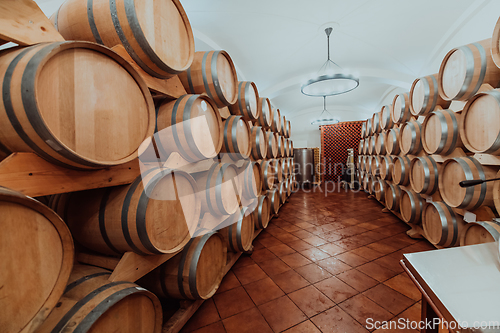 Image of Wine or cognac barrels in the cellar of the winery, Wooden wine barrels in perspective. Wine vaults.Vintage oak barrels of craft beer or brandy.