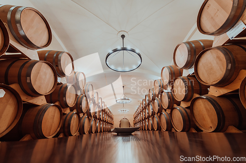 Image of Wine or cognac barrels in the cellar of the winery, Wooden wine barrels in perspective. Wine vaults.Vintage oak barrels of craft beer or brandy.