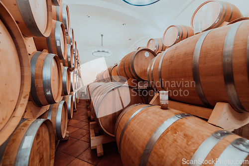 Image of Wine or cognac barrels in the cellar of the winery, Wooden wine barrels in perspective. Wine vaults.Vintage oak barrels of craft beer or brandy.