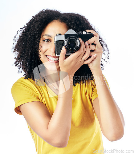 Image of Photography, camera and portrait of woman photographer and happy as a creative isolated in a studio white background. Happy, photoshoot and artistic person with a hobby and takes picture of memory