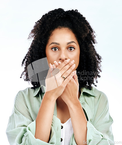 Image of Secret, surprise and portrait of woman in studio with hands on mouth, omg and wow on white background. Face, wtf and female with emoji reaction to gossip, fake news or drama, did you know or no way